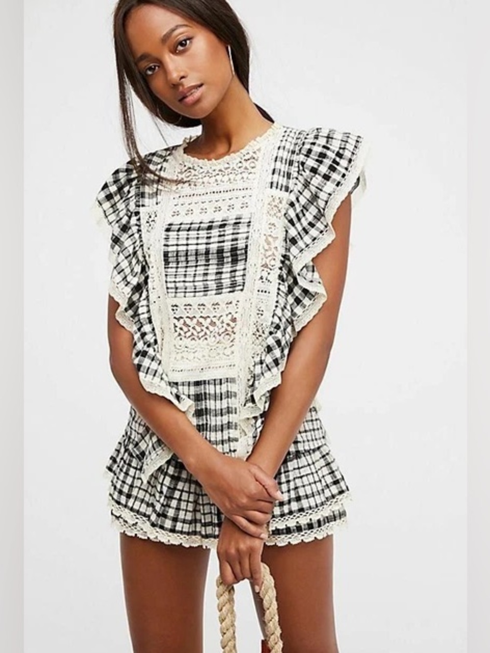 Free People Cream & Black Plaid Lace-Trim Ruffle Tessa set